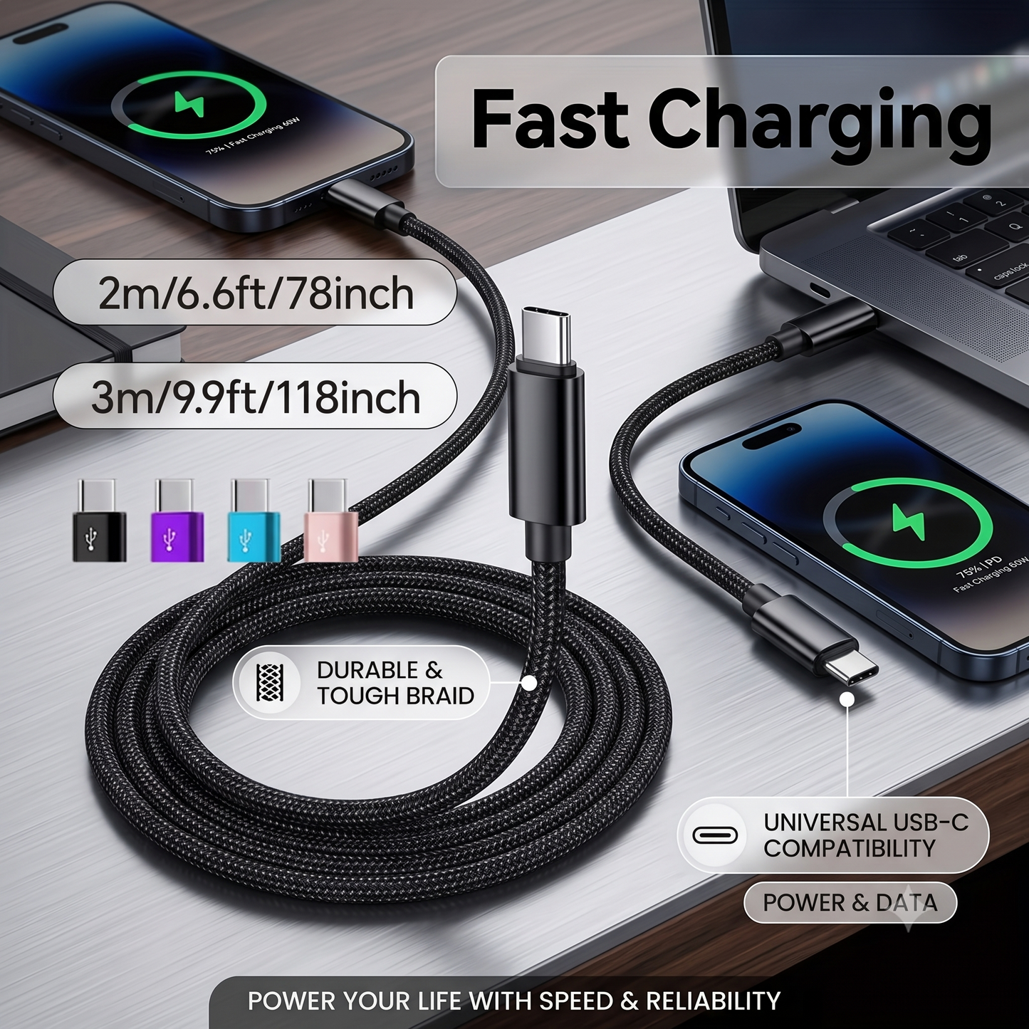 Câble de Charge Rapide USB-C vers USB-C - 66W/5A - Nylon Tressé