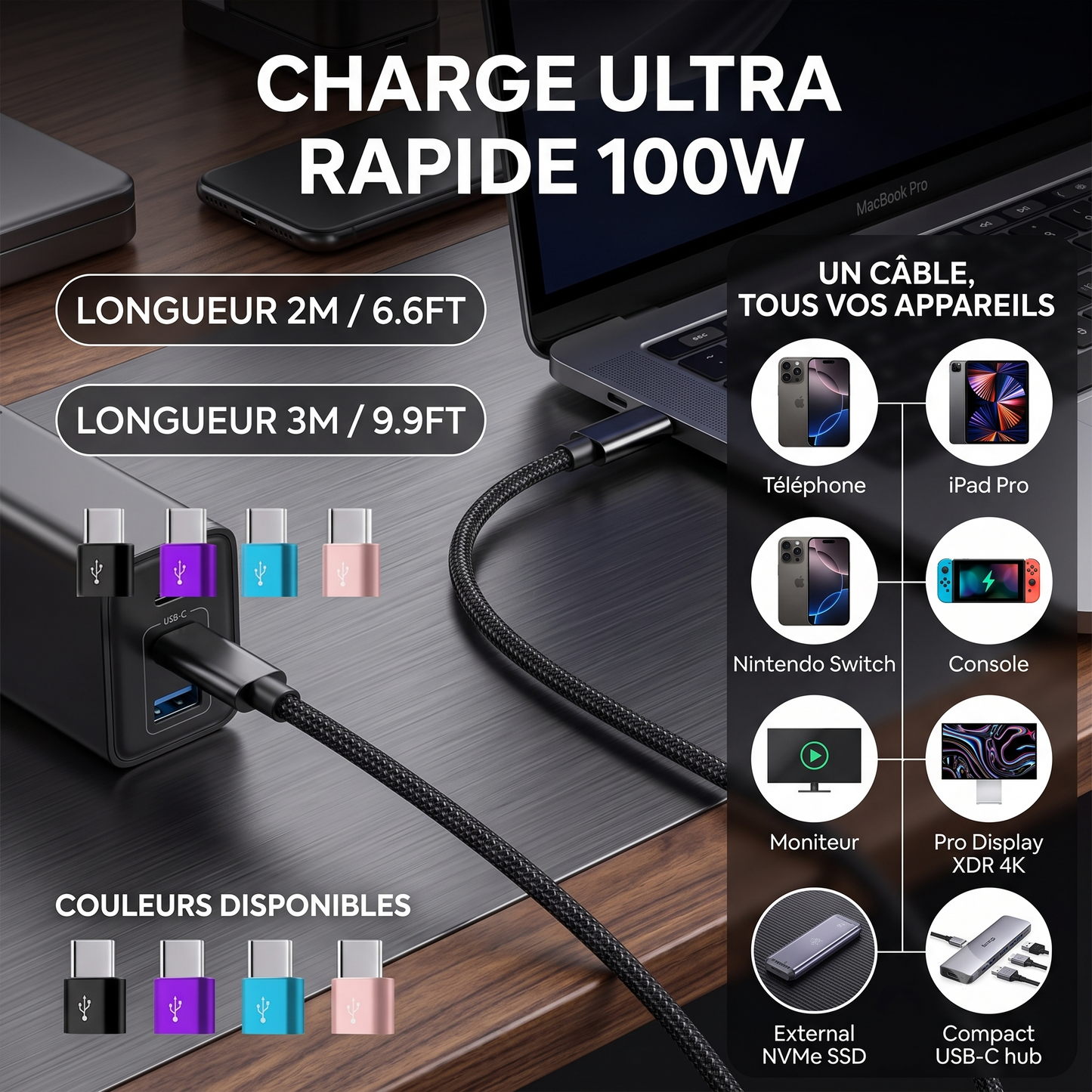 Câble de Charge Rapide USB-C vers USB-C - 66W/5A - Nylon Tressé