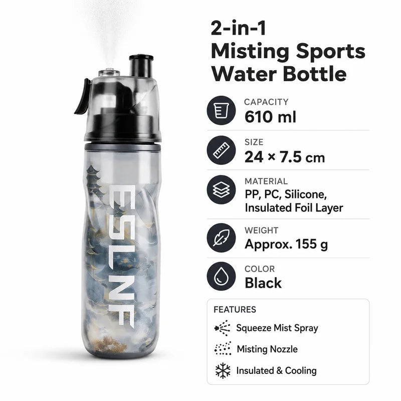 Gourde Brumisatrice 2‑en‑1 – 610 ml | Isotherme, Souple, légère et résistante rafraichissante & Étanche