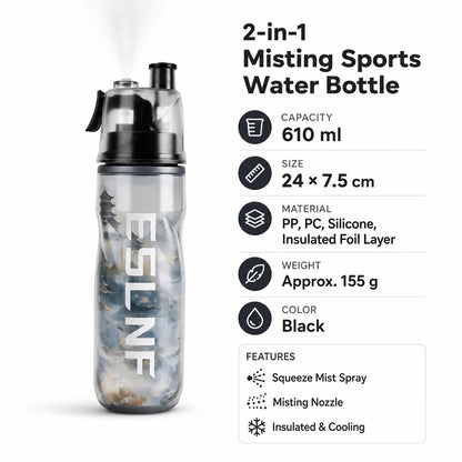 Gourde Brumisatrice 2‑en‑1 – 610 ml | Isotherme, Souple, légère et résistante rafraichissante & Étanche