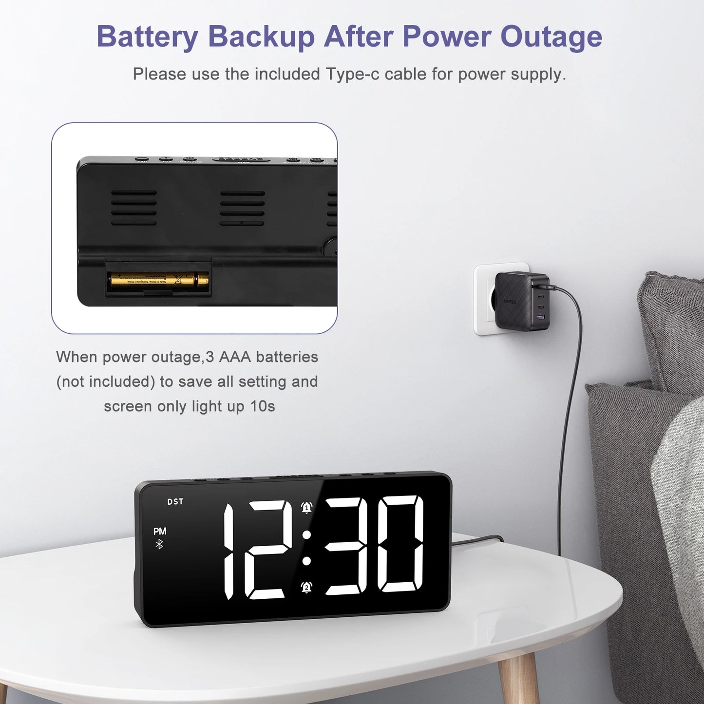 ⏰ Réveil Numérique ORIA 7’’ LED – Bluetooth & Luminosité Réglable