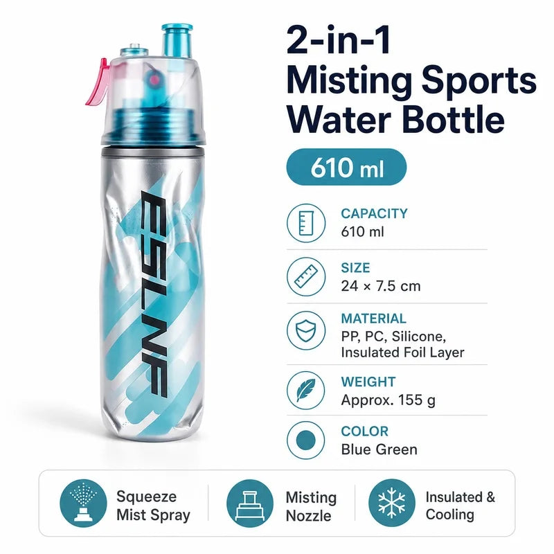 Gourde Brumisatrice 2‑en‑1 – 610 ml | Isotherme, Souple, légère et résistante rafraichissante & Étanche