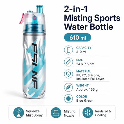 Gourde Brumisatrice 2‑en‑1 – 610 ml | Isotherme, Souple, légère et résistante rafraichissante & Étanche