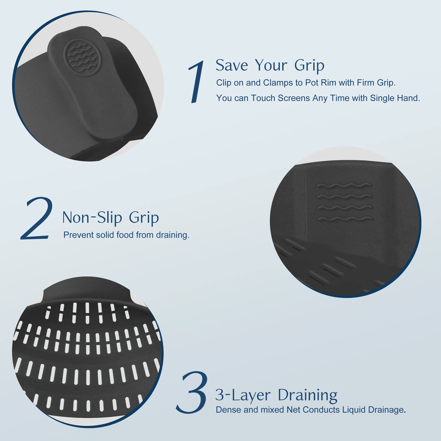 Passoire en Silicone Réglable à Clip & système de clips de fixation,