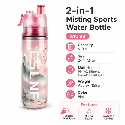 Gourde Brumisatrice 2‑en‑1 – 610 ml | Isotherme, Souple, légère et résistante rafraichissante & Étanche